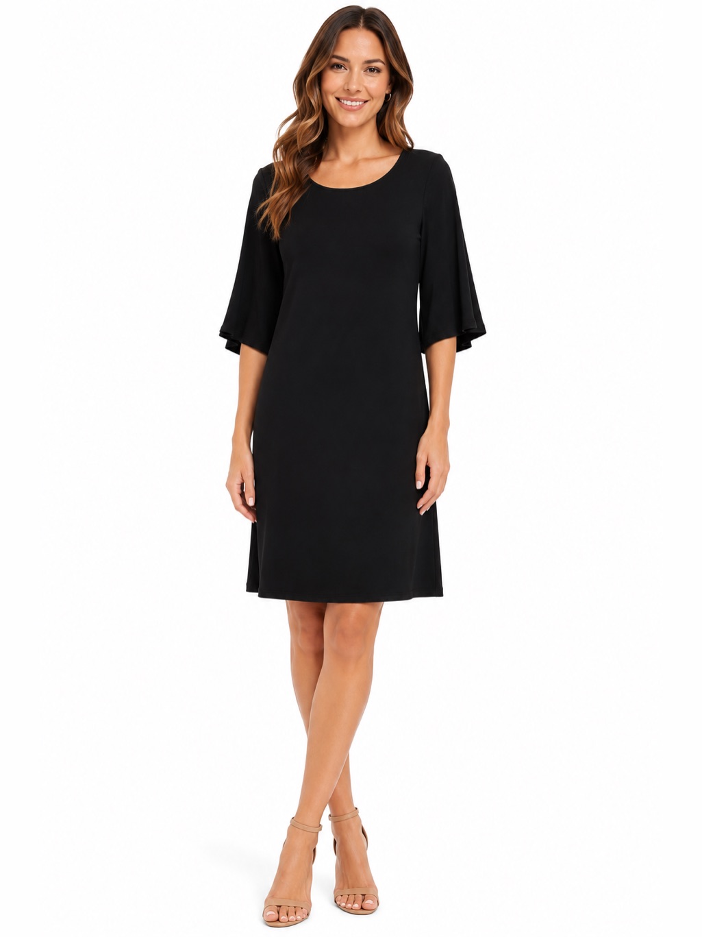Three Dots Bell Sleeve Scoop Neck Dress Black Beauty Medium Nwt Stretch $134